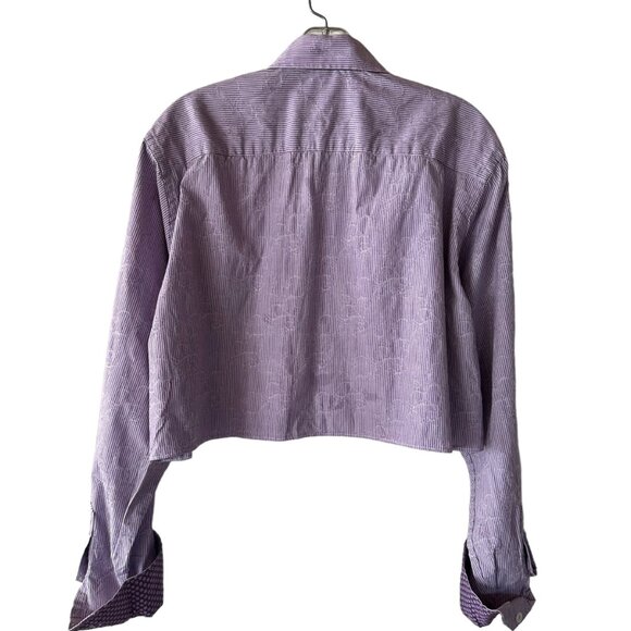 Cropped Bugatchi Button Up Shirt Medium Embroidered-Look Jacquard Purple Stripe - Picture 2 of 6